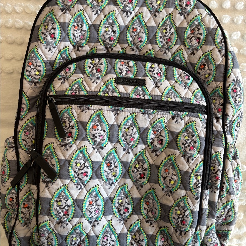 Vera Bradley Quilted Backpack in Gray with Teal & Pink Accents